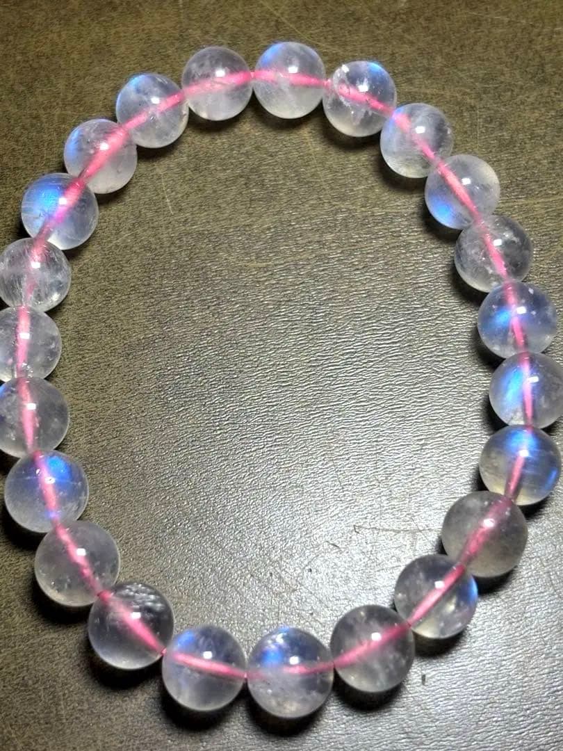 【超極美】　ピンクムーンストーンブレスレット9㎜（新品未使用）透明感ブルーシラー