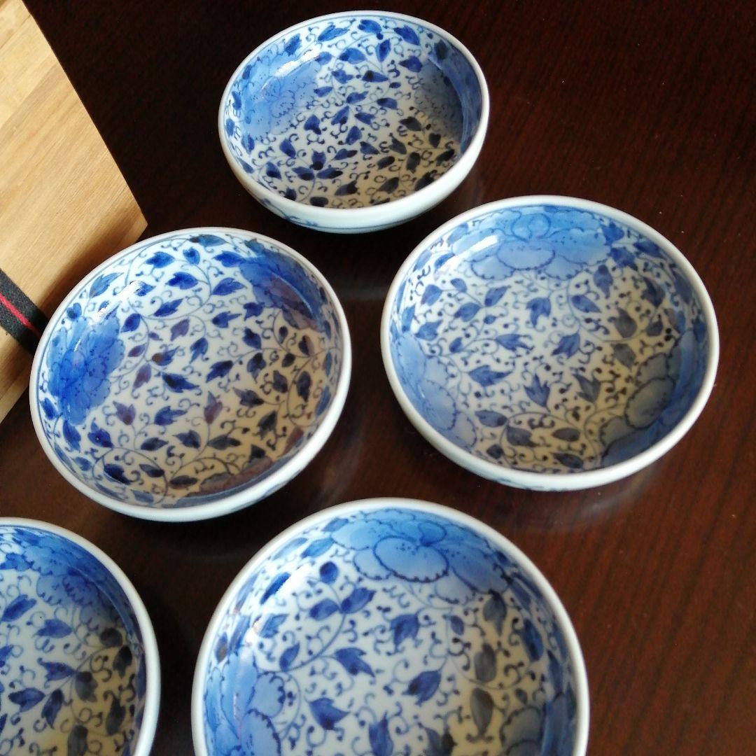 古伊万里　染付花唐草皿　5枚　12.4cm　江戸後期