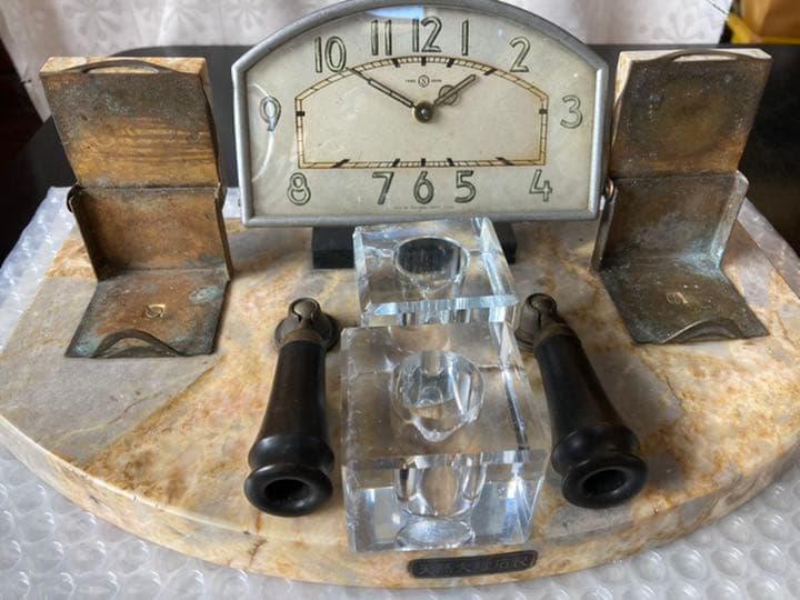 ペンスタンド　大理石　アナログ時計付き　昭和レトロ