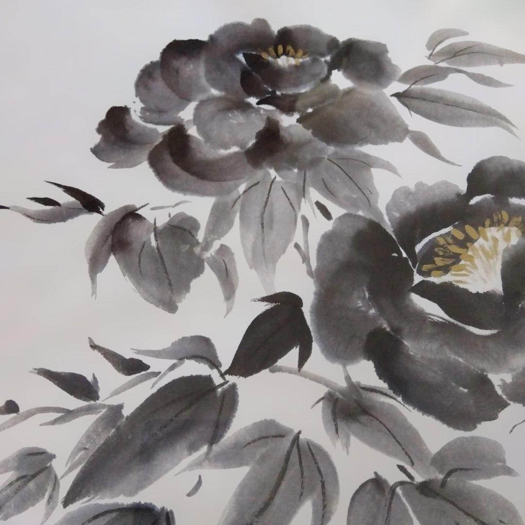水墨画/手描き/牡丹 / 木製額縁付き