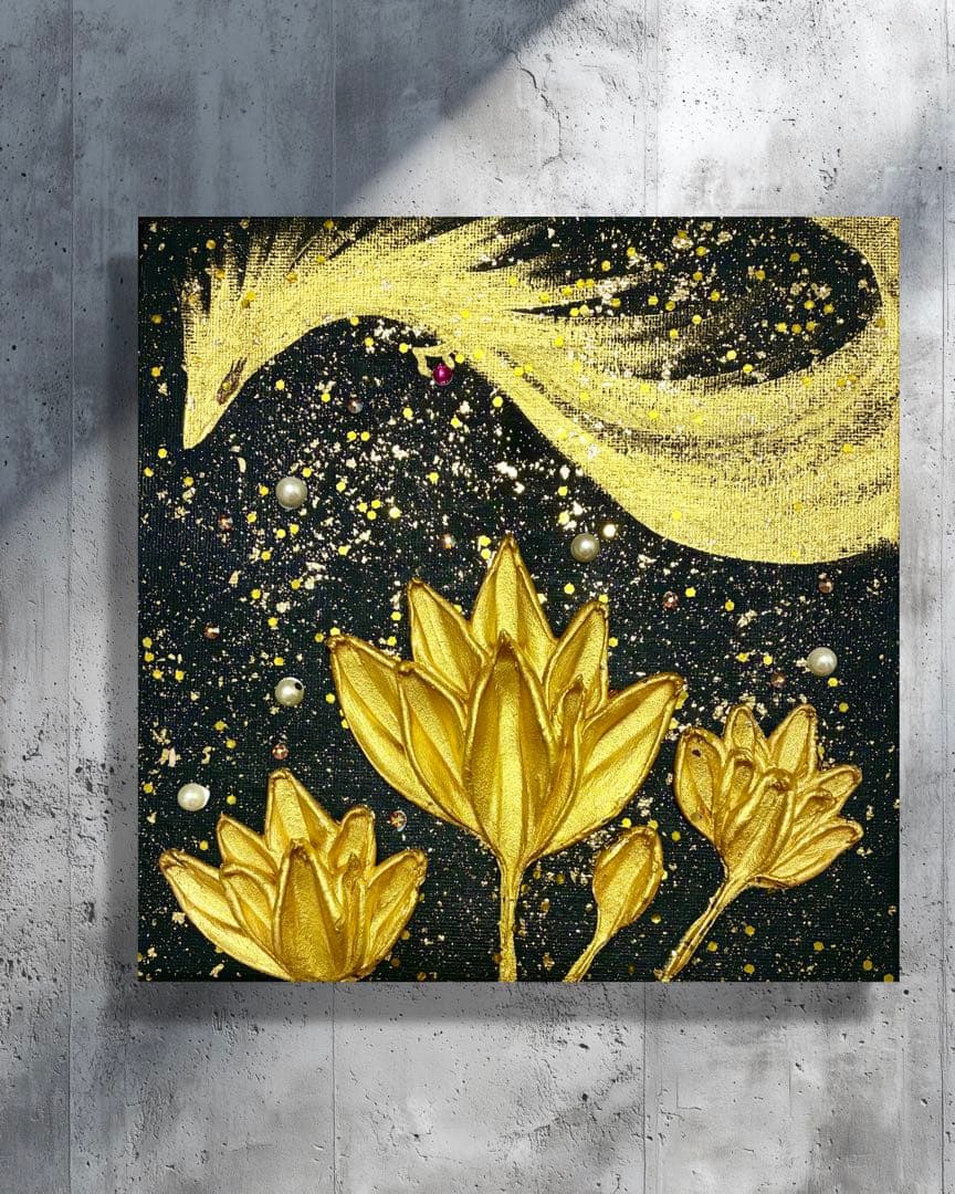 開運絵画　龍神様　金龍　蓮の花　金運　財運　金箔　運気上昇　開運