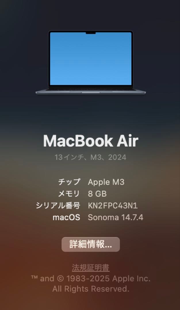 【極美品】Apple MacBook Air 13インチ M3 2024年モデル