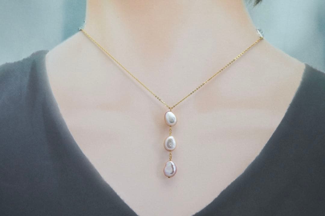 K14GF 淡水バロックパール 3珠ネックレス 45cmスライド付き