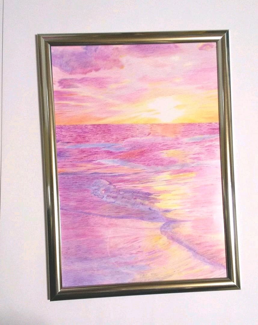 色鉛筆アート 夕日に照らされる海 風景画