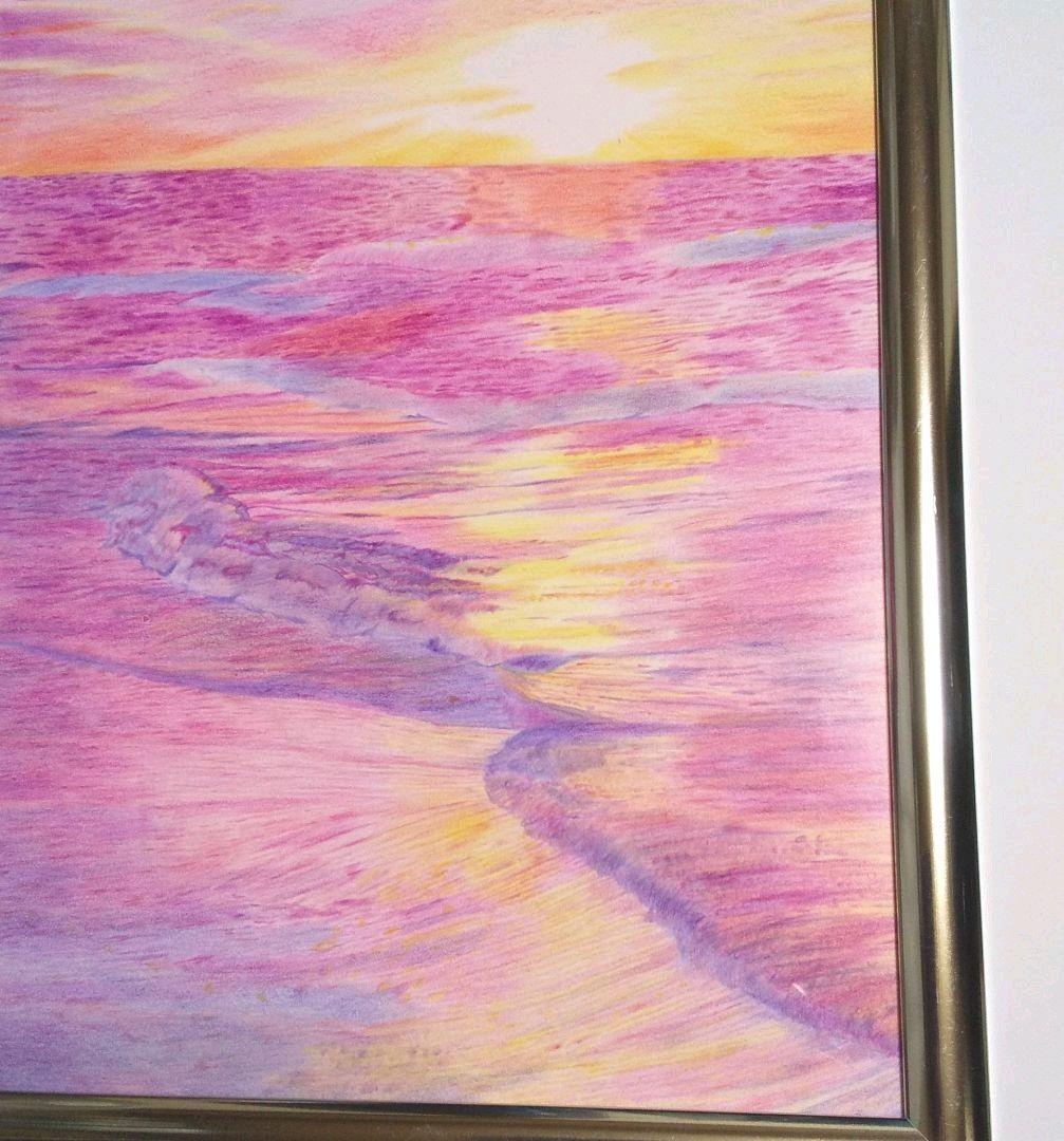 色鉛筆アート 夕日に照らされる海 風景画