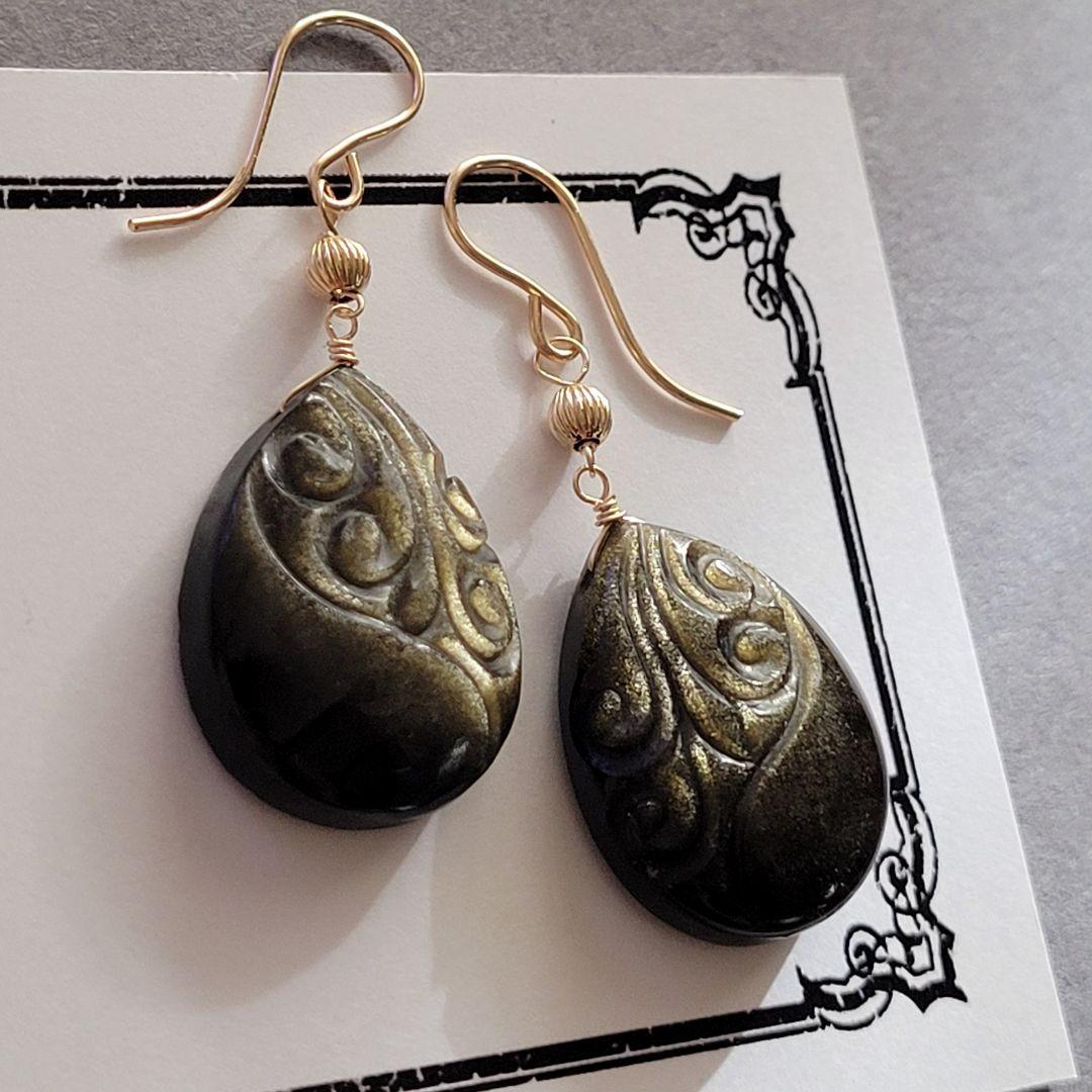 ゴールデンオブシディアン スクロール ピアス