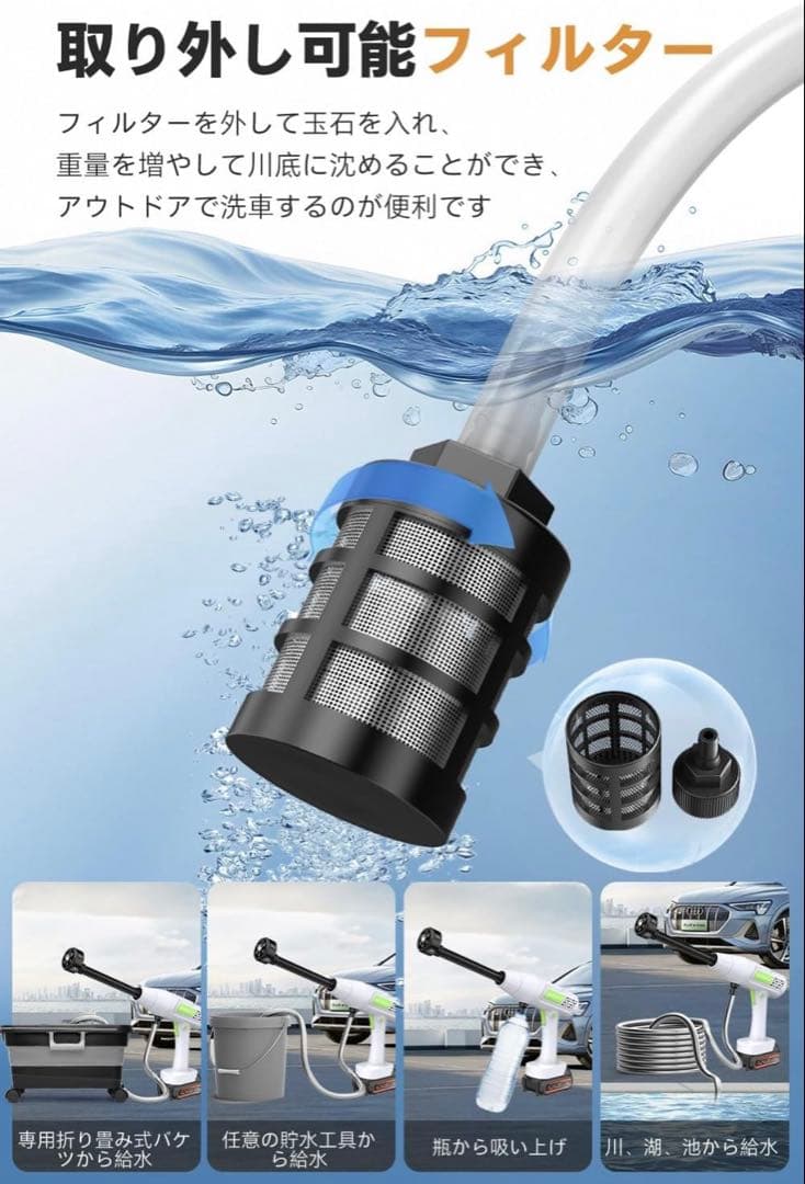 高圧洗浄機 22L折り畳みバケツ付き コードレス高圧洗浄機 充電式