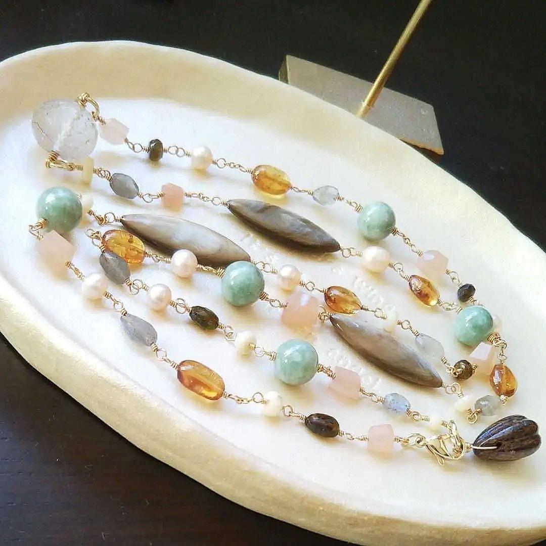 ✧SALE✧Marble ロングネックレス 約80cm 翡翠 一点もの