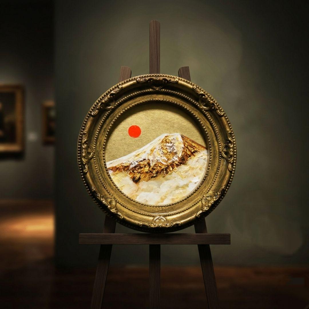 油絵 円形ミニ絵画【黄金富士山】