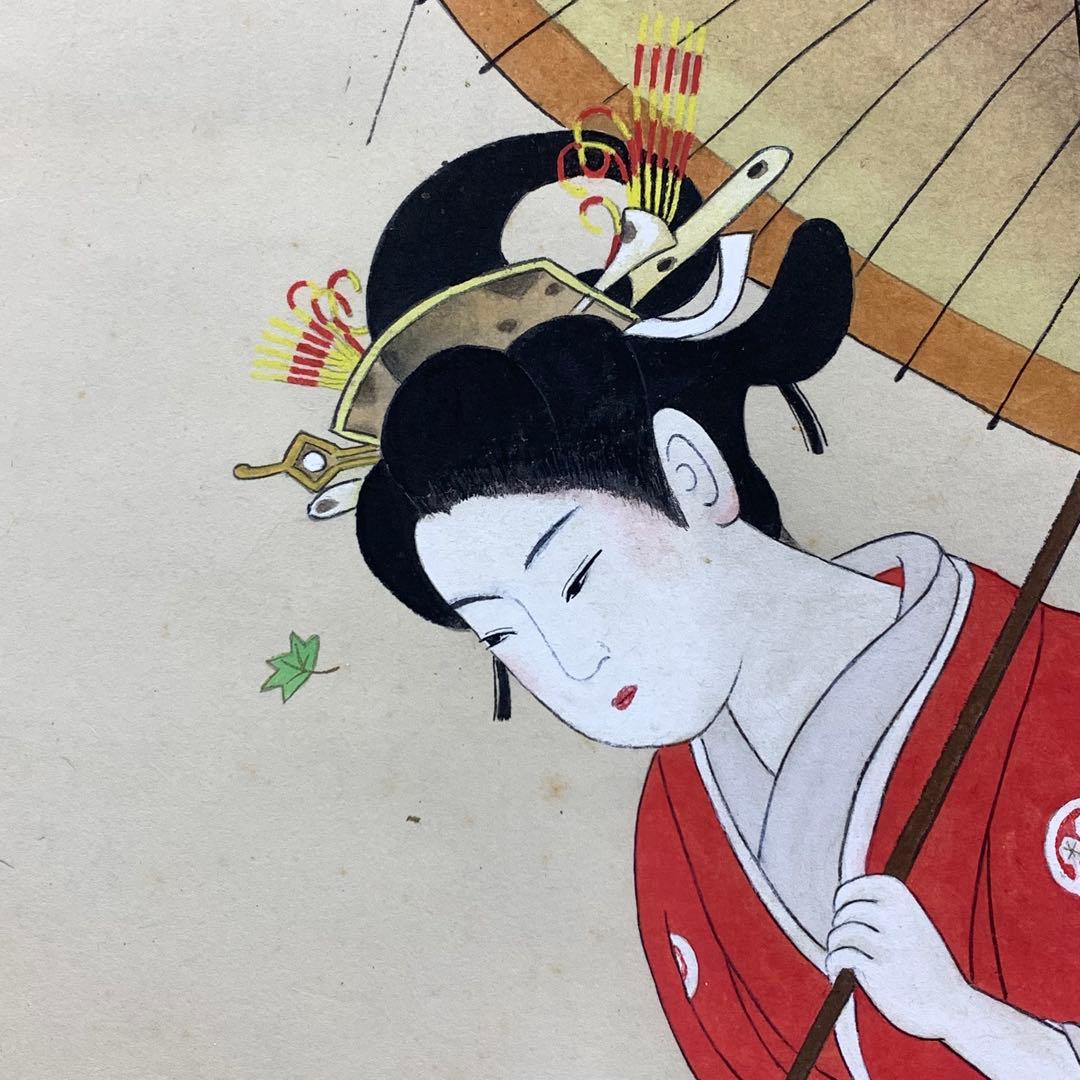 掛軸 美人画 傘 雨 紅葉 金 レトロ C