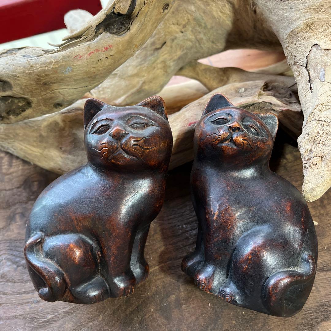 木製／招き猫／ 猫置物／置物／希少／アンティーク／ヴィンテージ【2点】