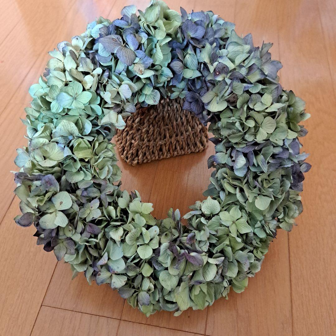 ハンドメイド ドライフラワーリース 秋色アジサイ 直径24×27