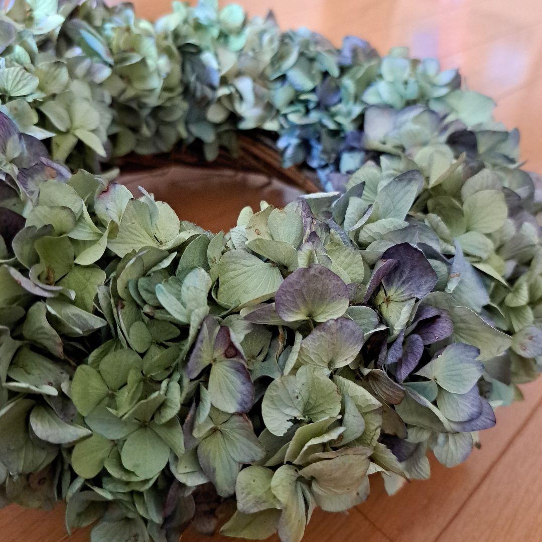 ハンドメイド ドライフラワーリース 秋色アジサイ 直径24×27