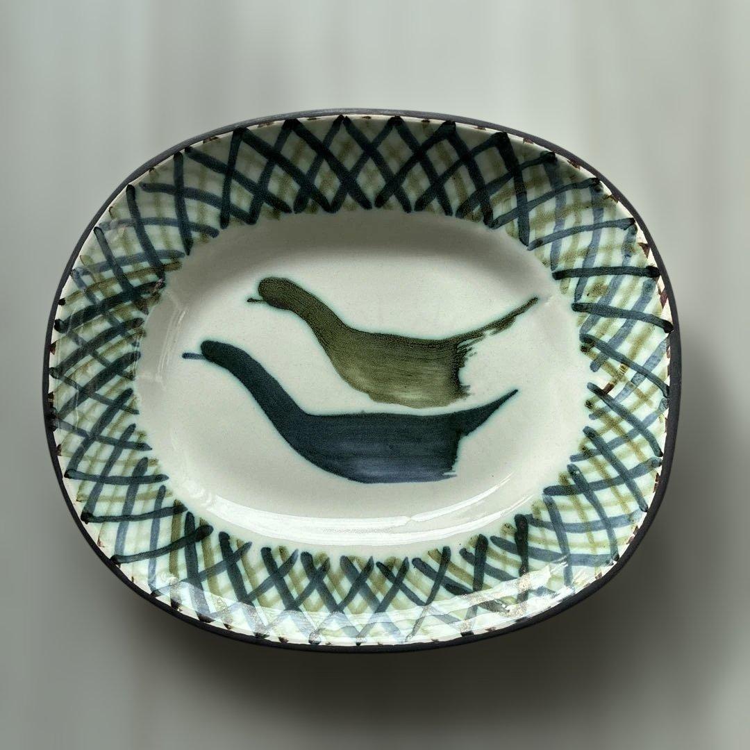 英国ヴィンテージ　RyePottery Wally Cole作　手描き鳥OV皿