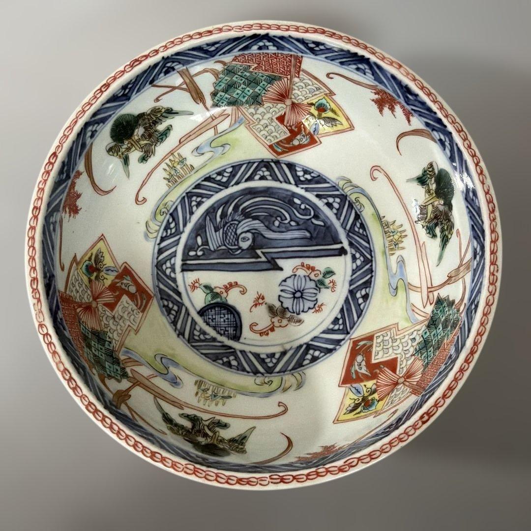 明治期 吉祥 花鳥 瓔珞紋 色絵伊万里 染付 重ね鉢 入れ子 深鉢 手彩色