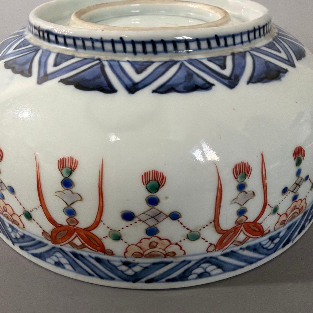 明治期 吉祥 花鳥 瓔珞紋 色絵伊万里 染付 重ね鉢 入れ子 深鉢 手彩色