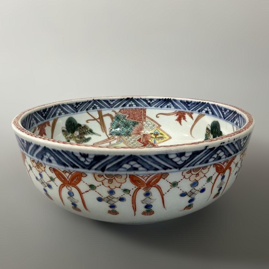 明治期 吉祥 花鳥 瓔珞紋 色絵伊万里 染付 重ね鉢 入れ子 深鉢 手彩色