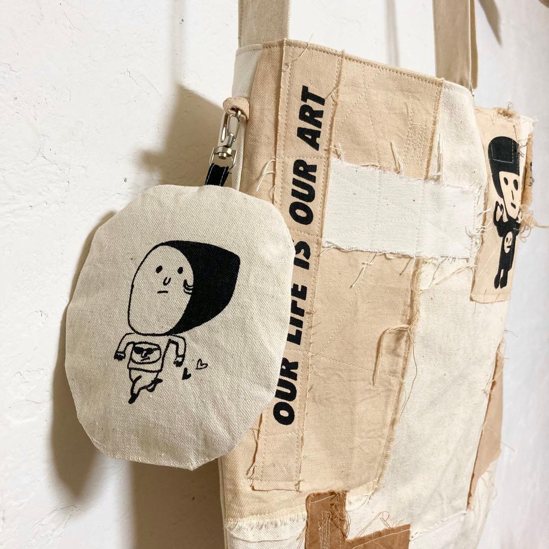 ハンドメイド　帆布バックチャット付き　オリジナルイラスト