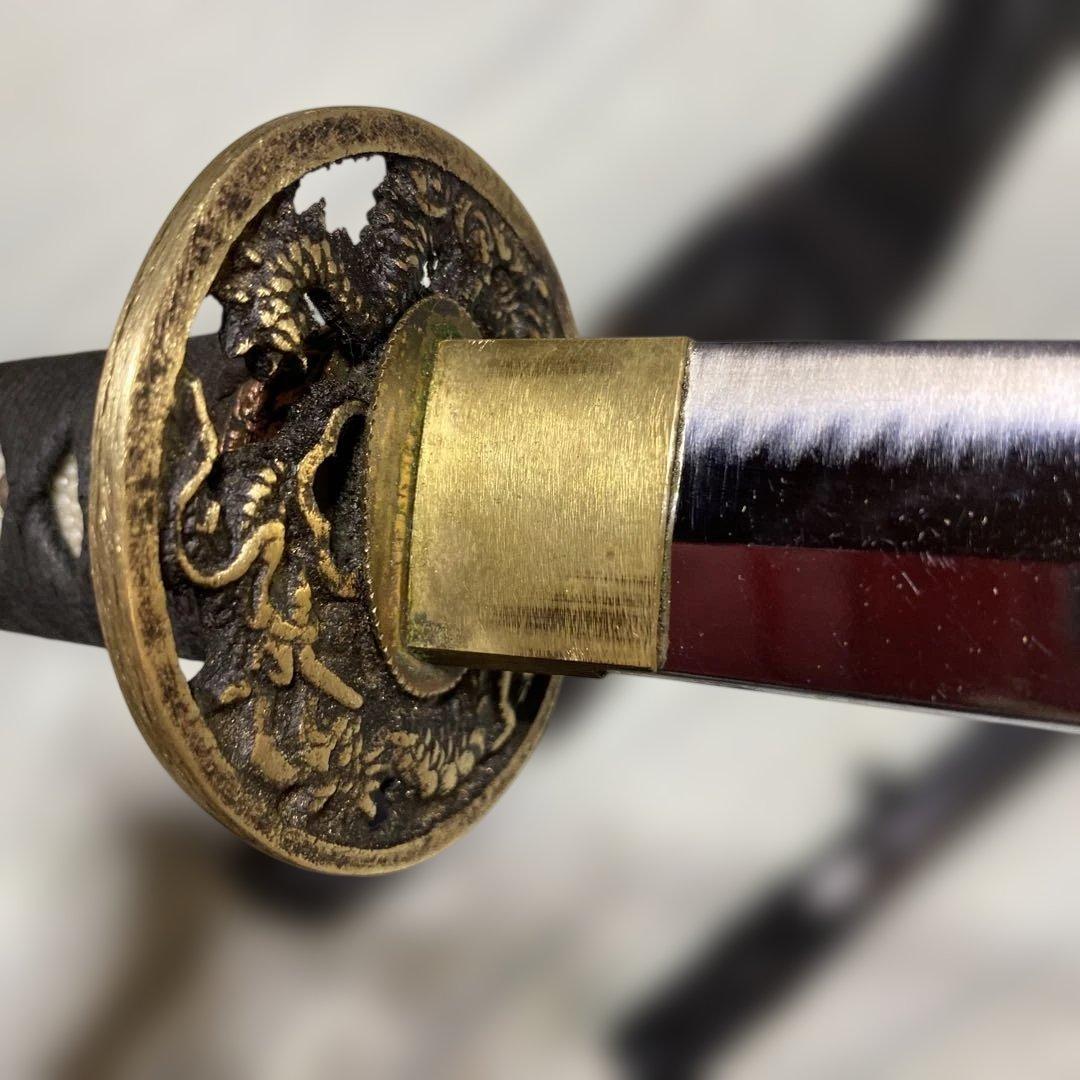 居合刀(刀ケース付) 黒柄 龍彫透し丸鍔 黒梨地鞘