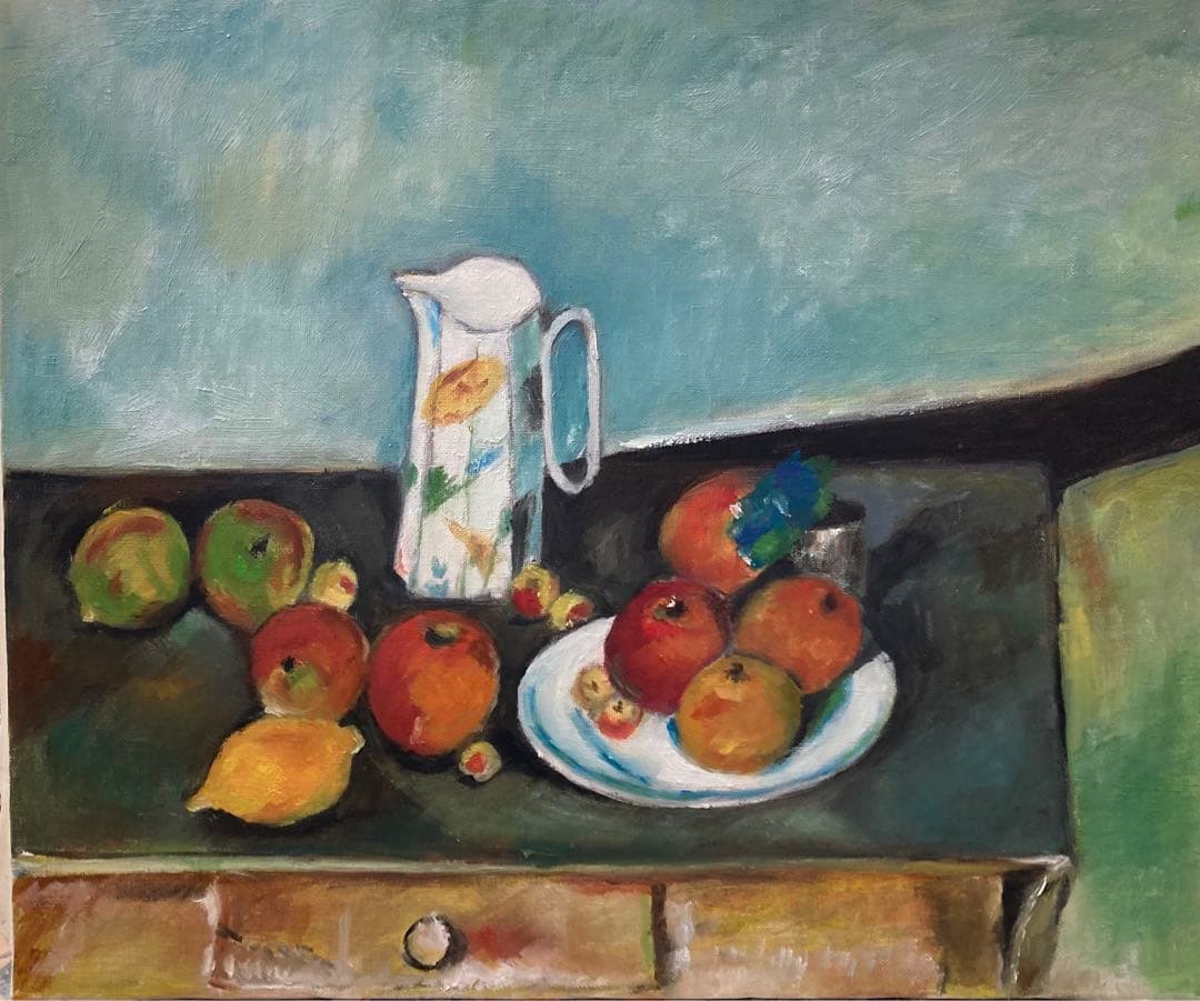 油絵テーブルの上のミルク差しと果物模写Ｆ８号　　　　セザンヌ模写絵画のみ