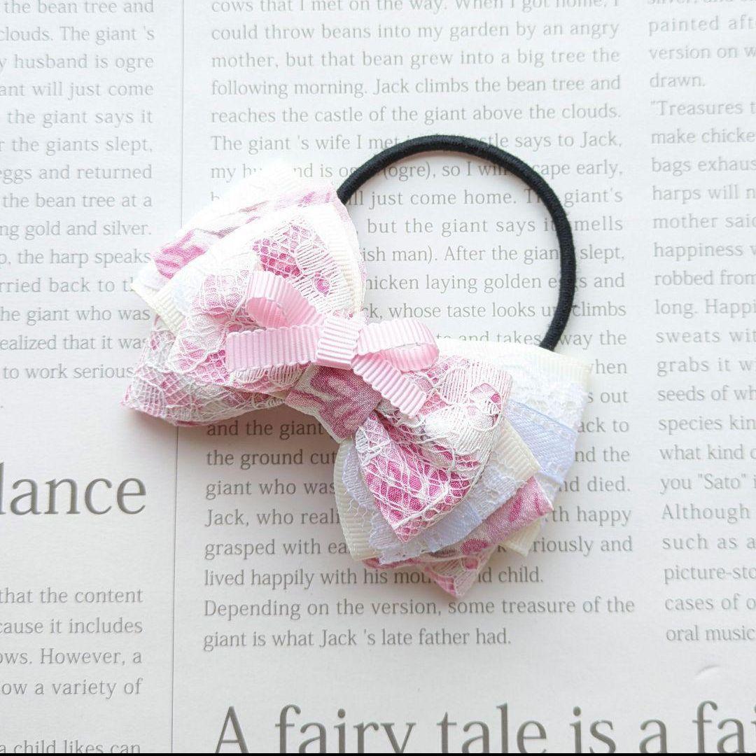 リボン　ヘアゴム♡fleur ribbon♡レース♡花柄♡ピンク♡ハンドメイド