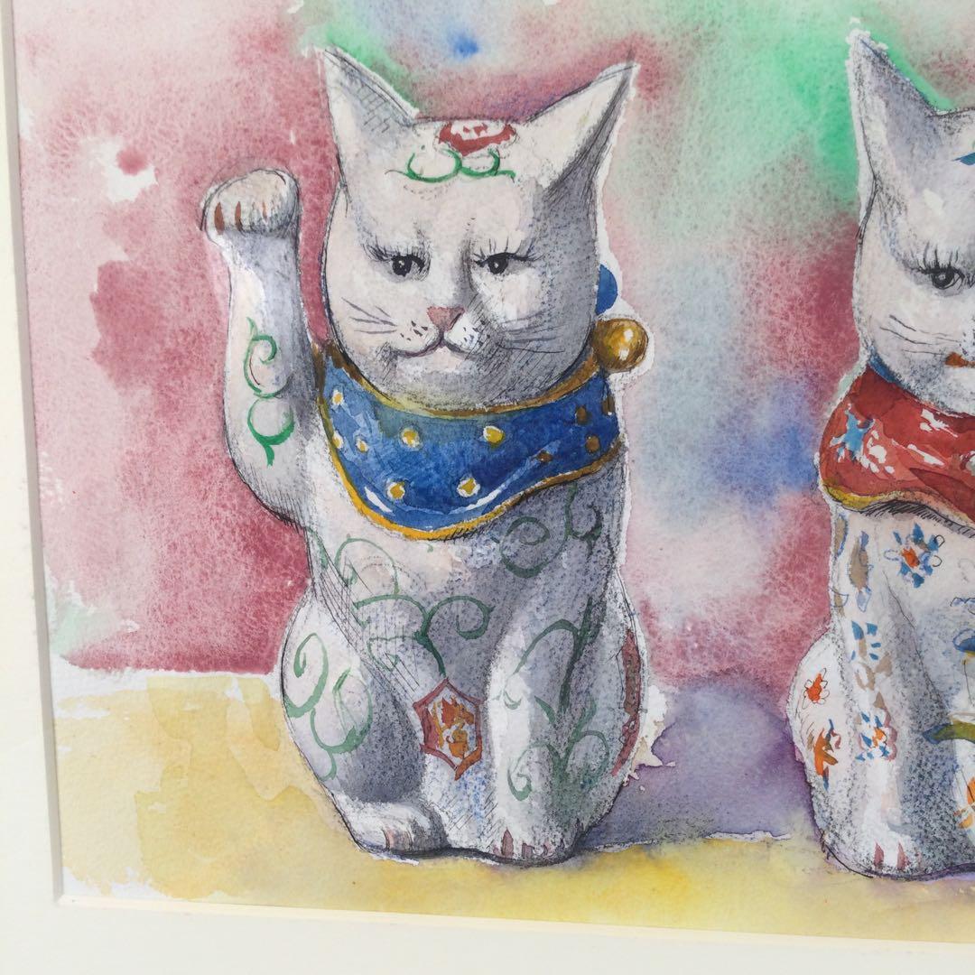 鍋島正一　「招福猫」　４号　水彩画　本人サイン　一点物