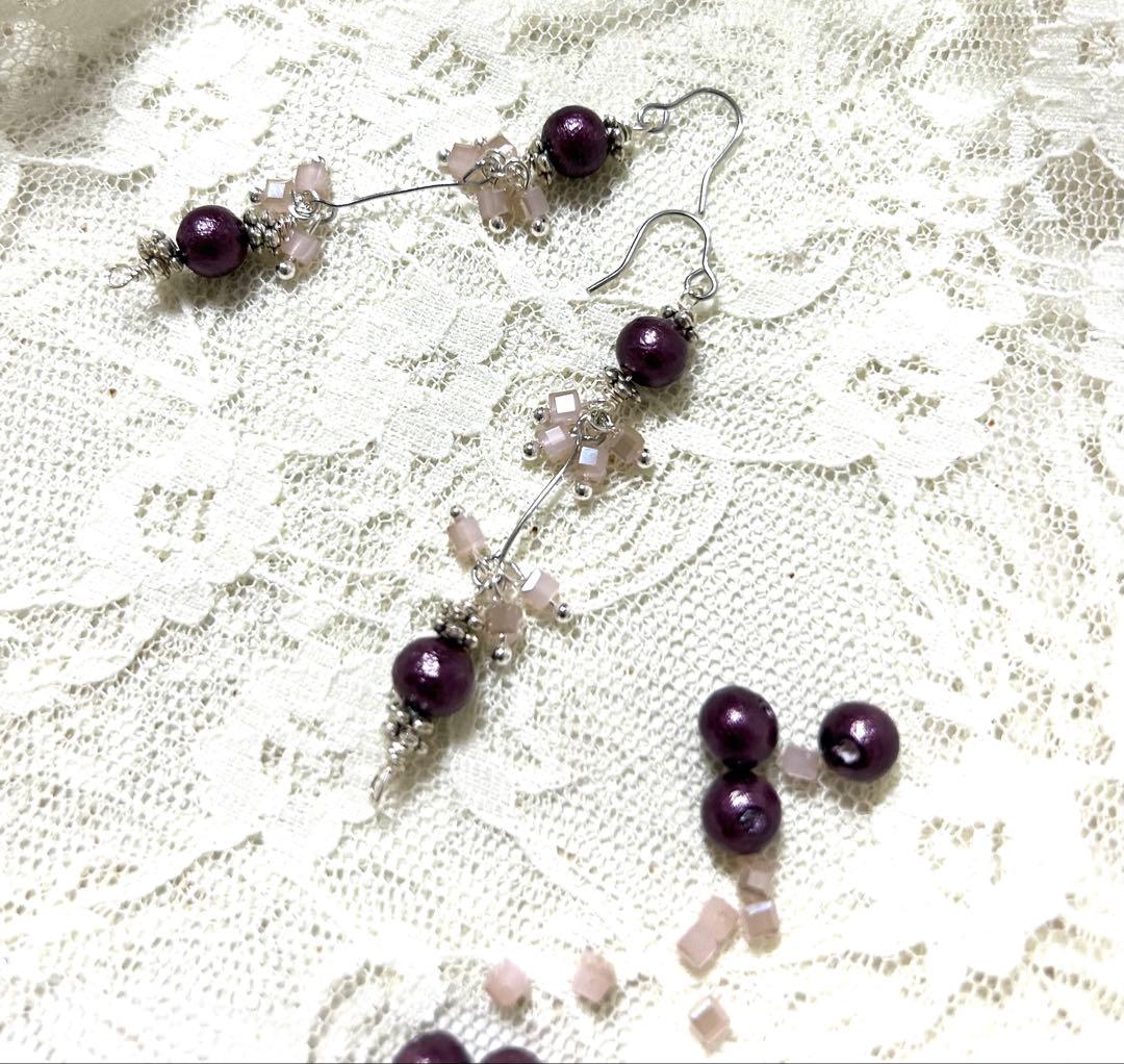 «958»◤リピーター様◢パープルコットンパール耳飾り*可憐なピンクビーズ