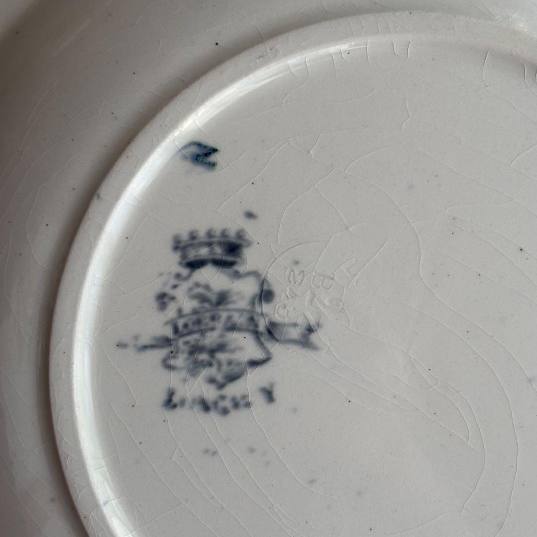 美品 フランスアンティークロンウィ ブルーグレーの美しい花絵とレリーフの深皿C