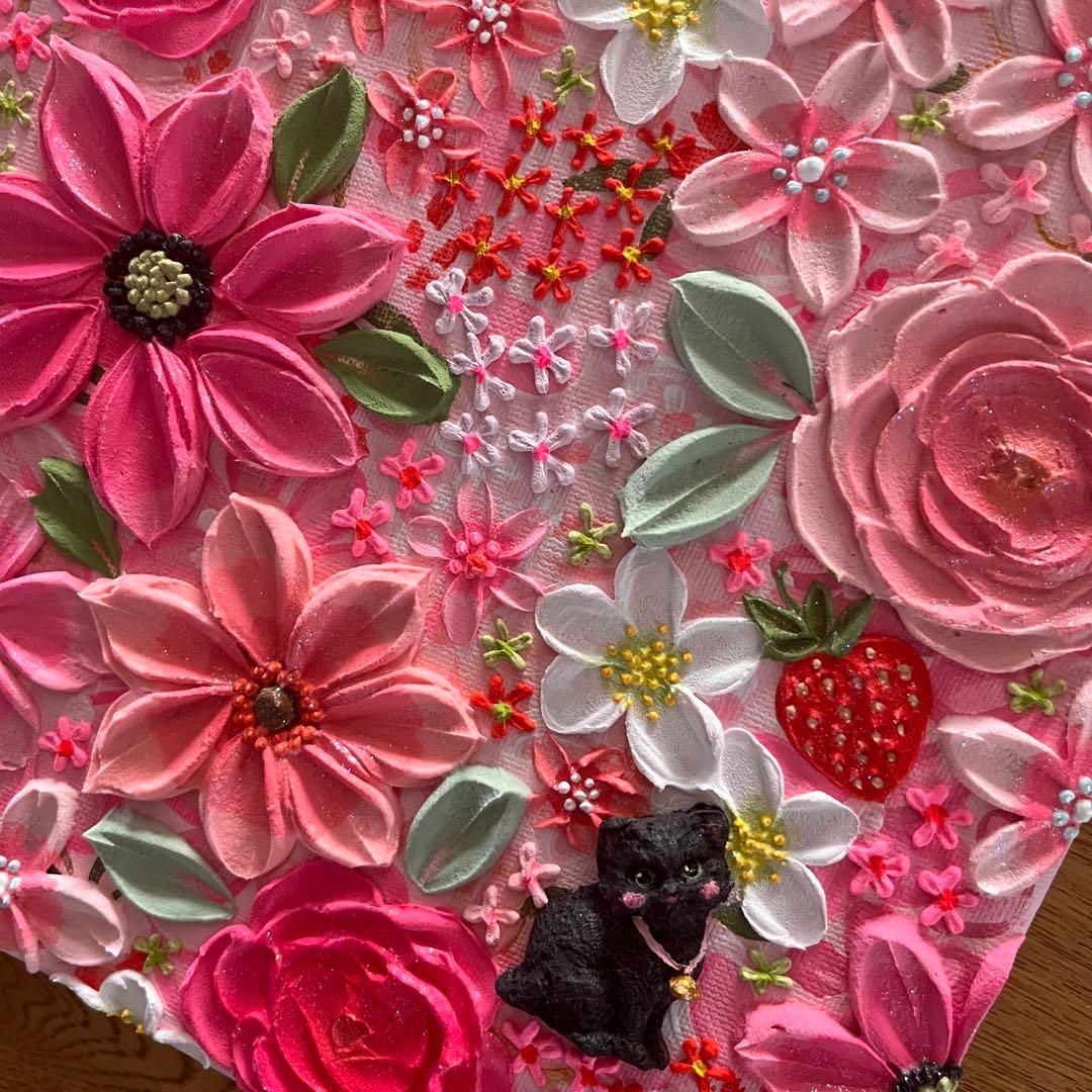絵画 フラワーアート 花の絵 猫　苺 アートパネル　花柄　フランフラン
