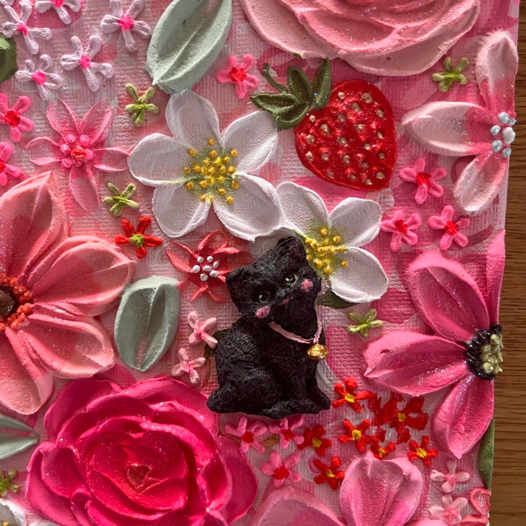 絵画 フラワーアート 花の絵 猫　苺 アートパネル　花柄　フランフラン