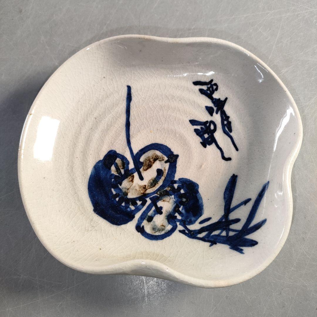 A1364-6/赤膚焼/尾西楽斎造/染付野菜果実文絵替銘々皿6客/飾皿/懐石道具