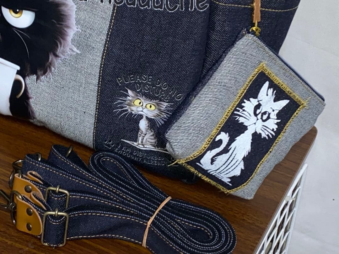 ☆ハンドメイド☆岡山デニム☆黒ネコ☆リュック対応☆4wayあおりバッグ
