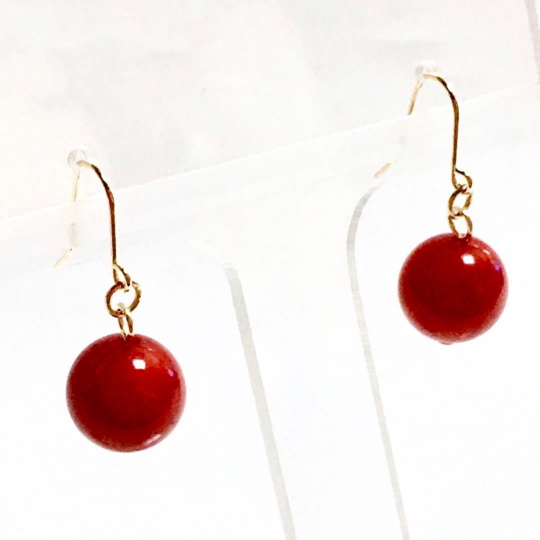 【Rtav】特価 K18ピアス 赤珊瑚 10mm フックピアス