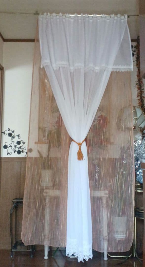 カフェカーテン【Ajun様オーダー品　オーガンジー&ボイルレース2枚重トリム】