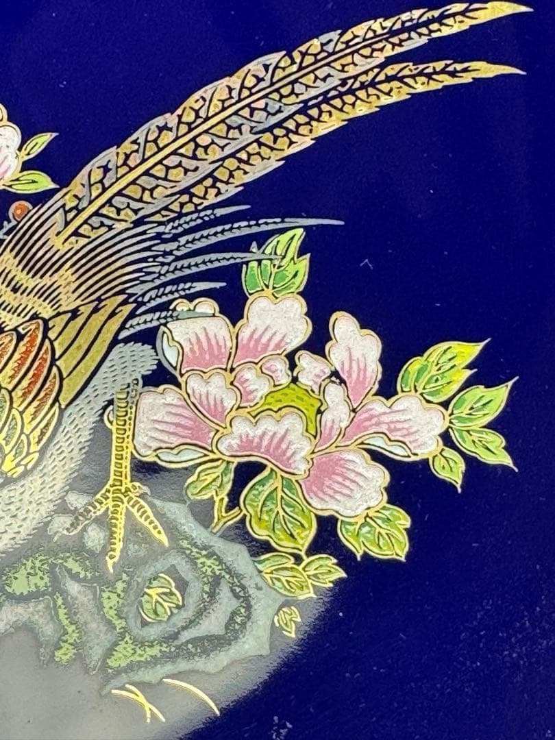 日本 伝統工芸品 金彩 キジ 花 飾り皿 青色陶器 美術品 希少価値上がり中‼️