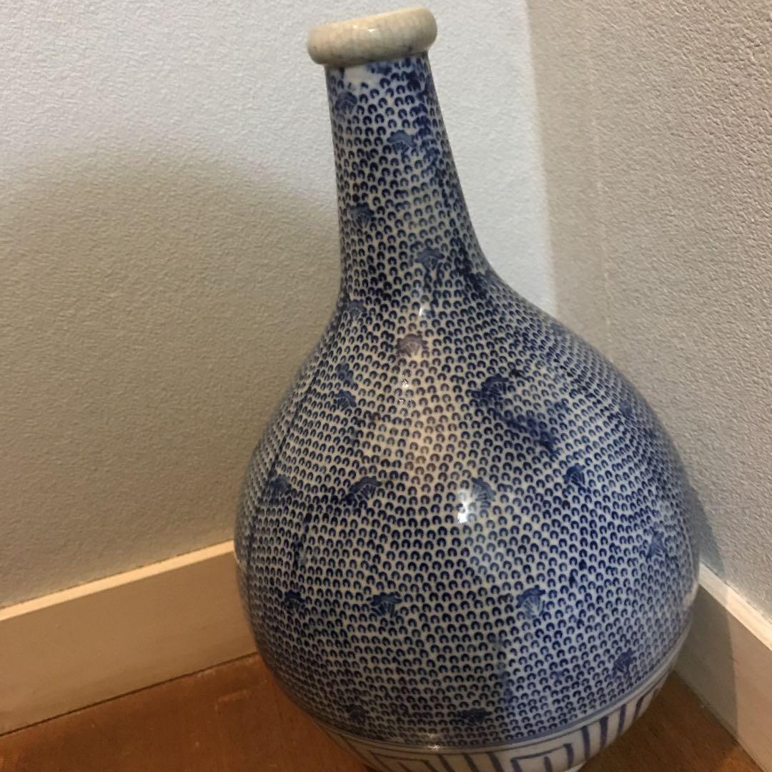 アンティーク 古伊万里　染付　微塵唐草文大徳利古陶磁器 有田焼 伊万里焼 華道具