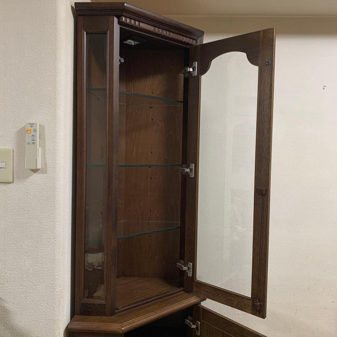 ヴィンテージ東海家具木製コーナーキャビネット ガラス棚付き