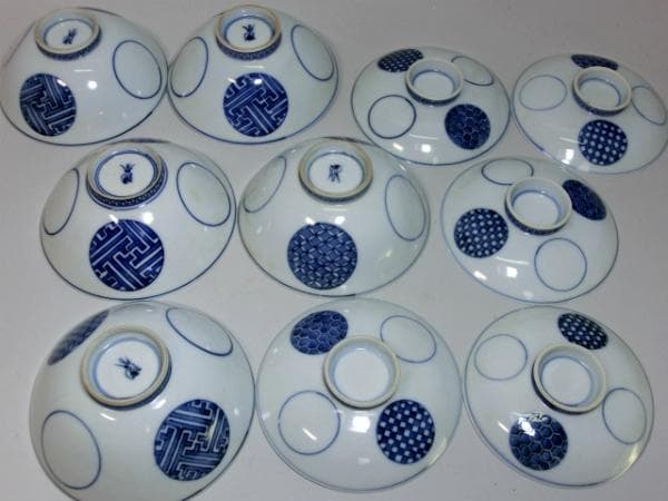 蓋茶碗■吸物碗 5客セット（江戸後期～明治期）丸窓幾何学模様紋 洸春 蓋物 骨董