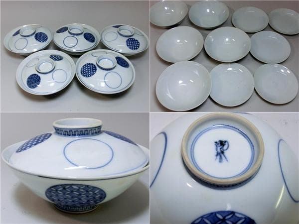 蓋茶碗■吸物碗 5客セット（江戸後期～明治期）丸窓幾何学模様紋 洸春 蓋物 骨董