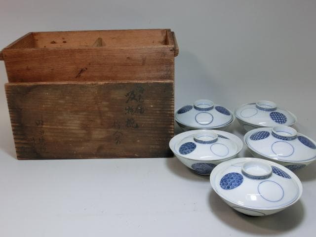 蓋茶碗■吸物碗 5客セット（江戸後期～明治期）丸窓幾何学模様紋 洸春 蓋物 骨董