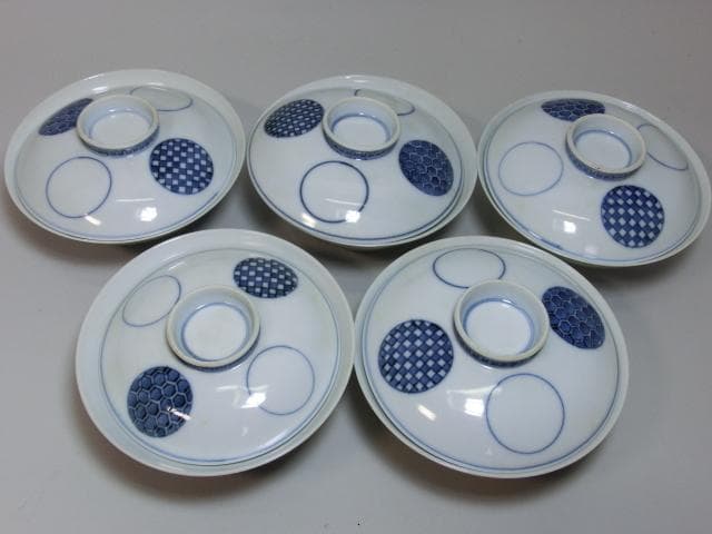蓋茶碗■吸物碗 5客セット（江戸後期～明治期）丸窓幾何学模様紋 洸春 蓋物 骨董