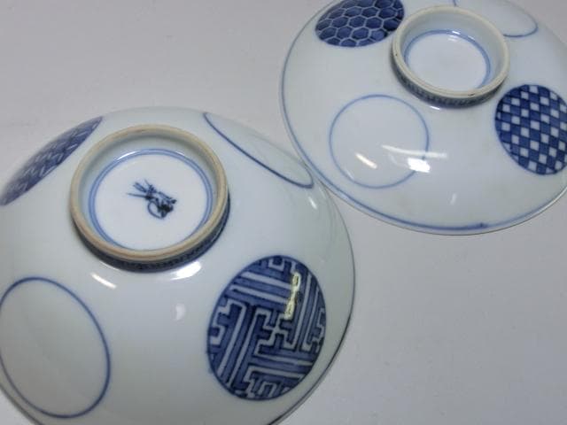 蓋茶碗■吸物碗 5客セット（江戸後期～明治期）丸窓幾何学模様紋 洸春 蓋物 骨董