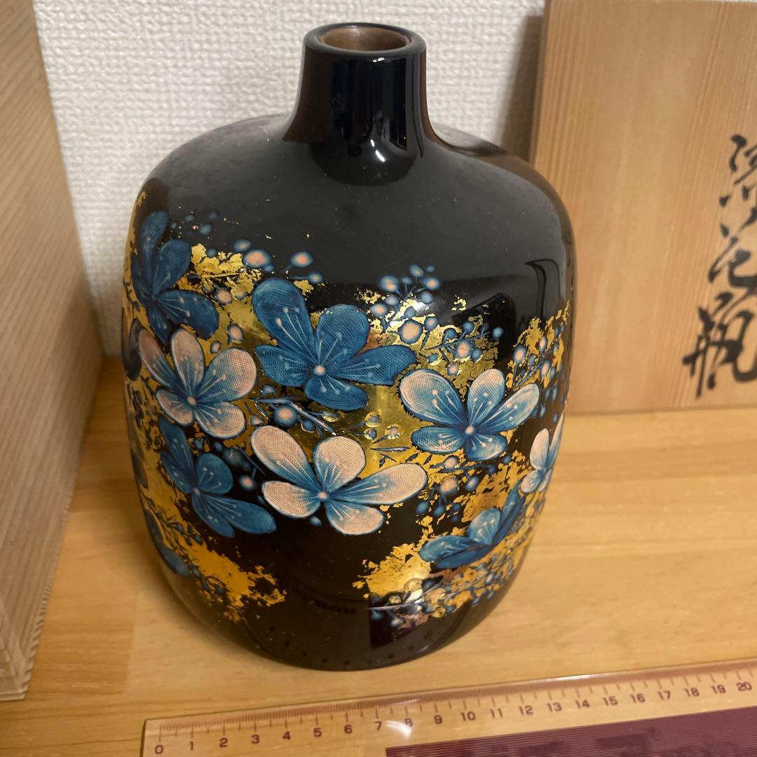 【未使用】彫漆飾壺　美之作 花瓶　草花漆花瓶　箱入り　讃岐漆芸 共箱 漆飾壺