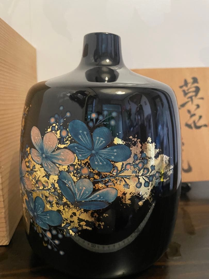 【未使用】彫漆飾壺　美之作 花瓶　草花漆花瓶　箱入り　讃岐漆芸 共箱 漆飾壺