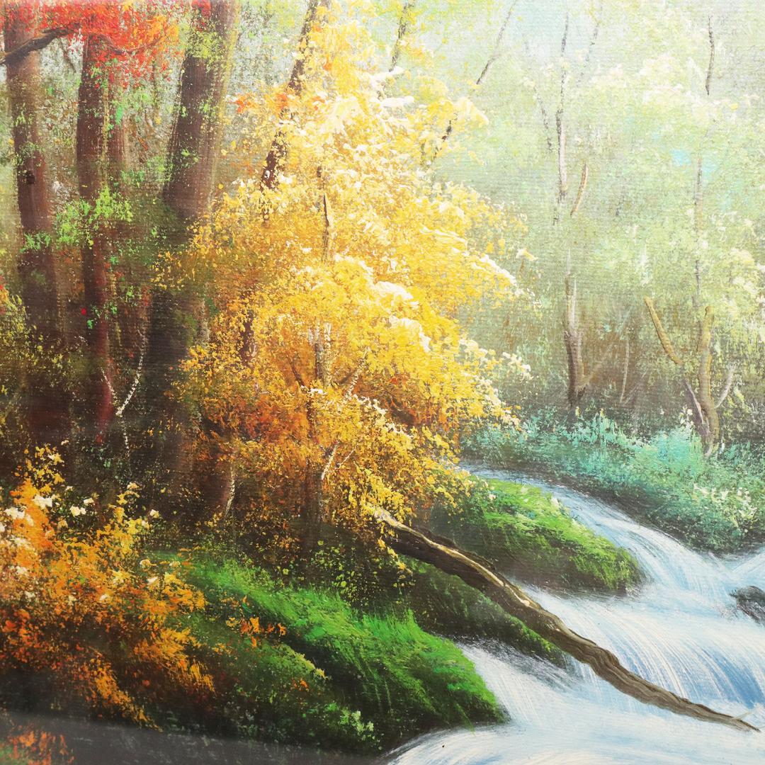 真作保証 流月真一 油彩 風景画「紅葉の奥入瀬」画寸約 32cm×41cm F6