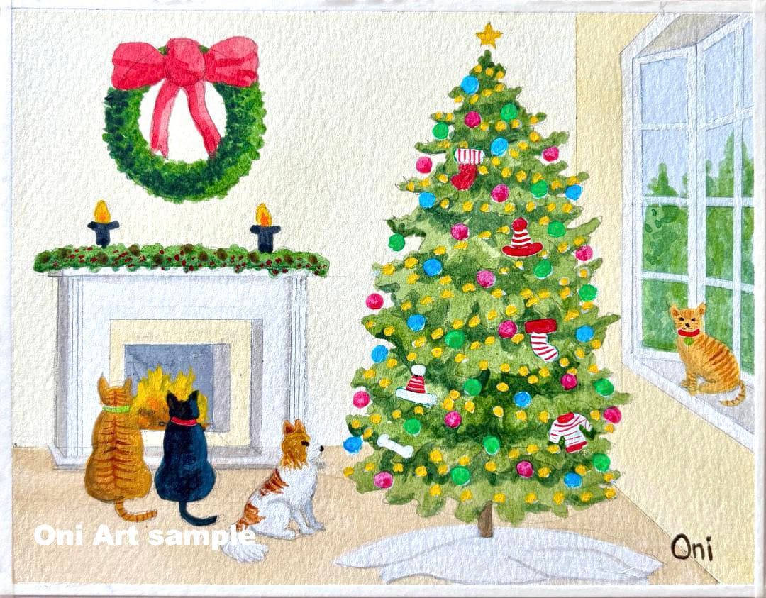 アクリル画　原画　「クリスマスルーム01」額縁付き　F0サイズ　風景画