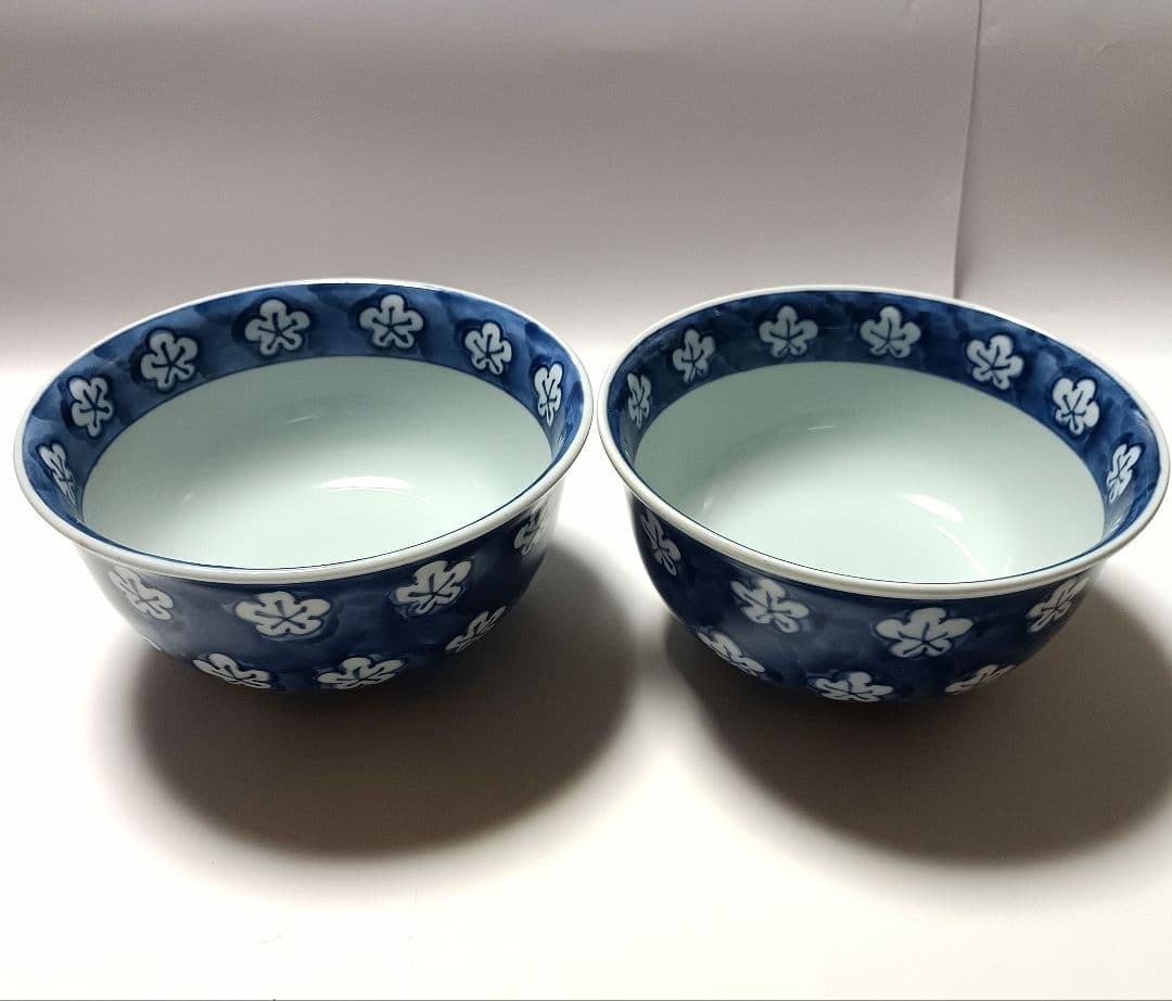 源右衛門窯 染付 古染風梅紋 麺鉢 丼 2客組