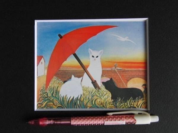 フェルディナン・デスノス、赤い傘の下の猫、希少画集画、新品額装付、状態良好