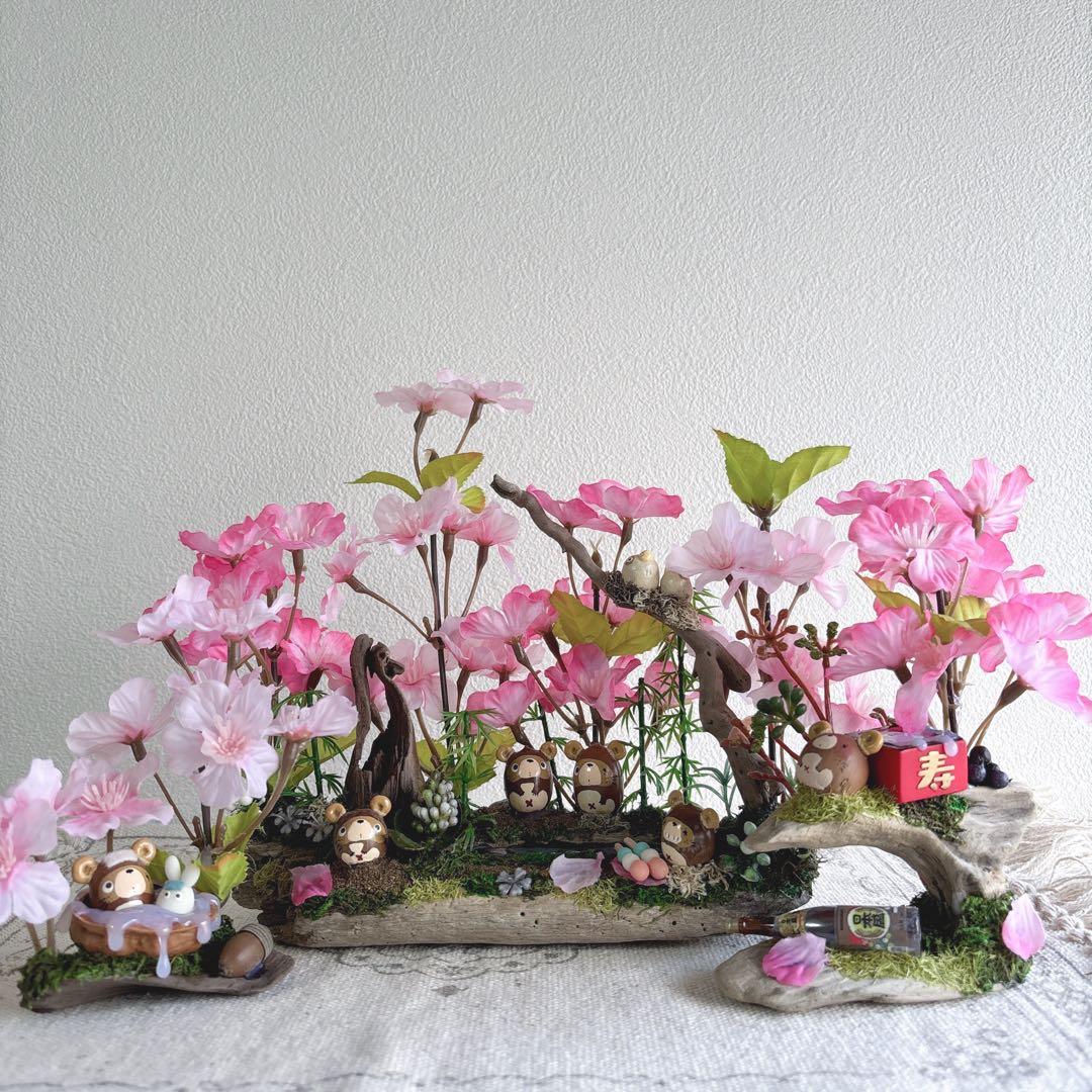 どんぐりアート 桜満開 タヌキの和風庭園 置物 3点セット