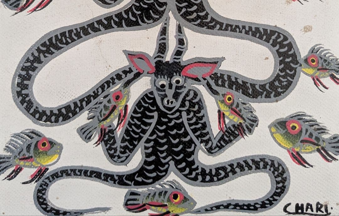 ●アフリカの絵画、ティンガティンガ、モンスター、チャリンダ、17×21cm